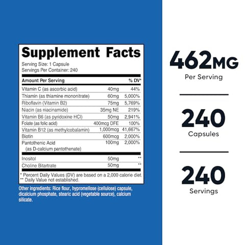 Complexo de Vitaminas B de Alta Potência 460mg, 240 Cápsulas – com Vitamina C – Complexo Energético - Nutricost