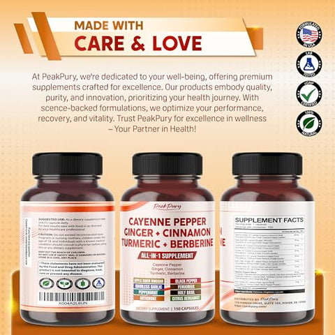 PEAKPURY - Cayenne Pepper 8000mg + Ginger 3000mg + Turmeric 2500mg + Berberine 2500mg – Suporte à Digestão e Saúde Intestinal – Fabricado nos EUA