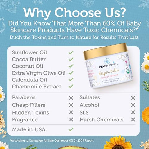 Bálsamo para assaduras de bebê Era Organics – Creme de fraldas orgânico certificado USDA, extra calmante e nutritivo para pele seca e sensível. Bálsamo natural para bebês, ajuda a controlar umidade excessiva, assaduras e irritações