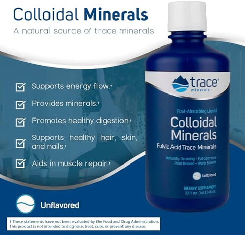 Colloidal Minerals Líquido | Minerais Coloidais Líquidos, Vegetais Naturais Veganos, Suplementados com Ácido Fúlvico | 946 ml | Marca Trace Minerals - Trace Minerals