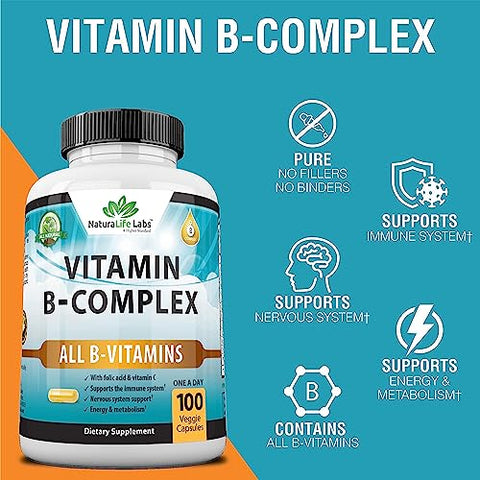 NaturaLife Labs A Higher Standard - Complexo de Vitaminas B com Vitamina C e Ácido Fólico – B12, B1, B2, B3, Ácido Pantotênico Vitamina B5, B6, B7, B9 – Suporte ao Sistema Nervoso 100 Cápsulas Vegetarianas