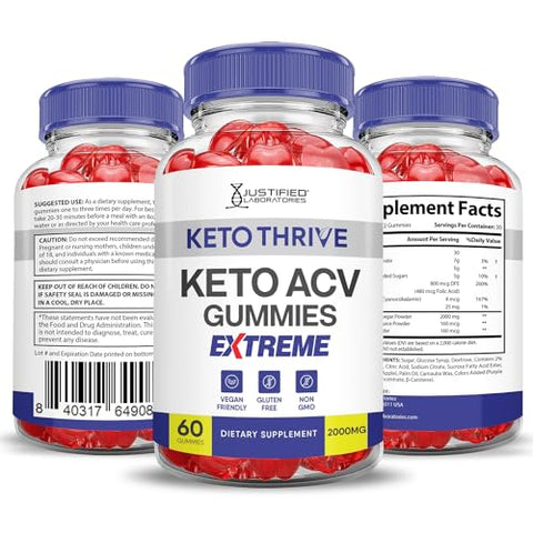 Justified Laboratories - (5 Pacotes) Gomas Keto Thrive Keto ACV Extreme 2000MG – Gomas Keto Thrive Keto de Vinagre de Maçã Formuladas com Suco de Romã e Beterraba em Pó B12 Vegan Non GMO 300 Gomas
