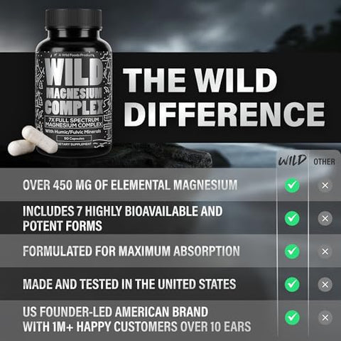 Complexo de Magnésio – 7X Formas, 90 Cápsulas – Magnésio Glicinato, Bisglicinato, Malato, Orotato, Citrato de Alta Absorção – Magnésio de Espectro Completo - Wild Foods