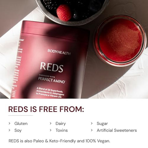 Perfect Reds (30 SVG) Pó de Frutas Vermelhas Superfood para Bebida Antioxidante, Mistura em Pó para Smoothies com Frutas, Vegetais, Superfoods, Fitonutrientes, Fibra e - BodyHealth
