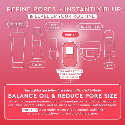 Strawberry BHA Pore-Smooth Blur Drops – Primer Facial Antioxidante – Redutor de Poros – Sem Silicone e Óleo – Soro Facial para Mulheres - Glow Recipe