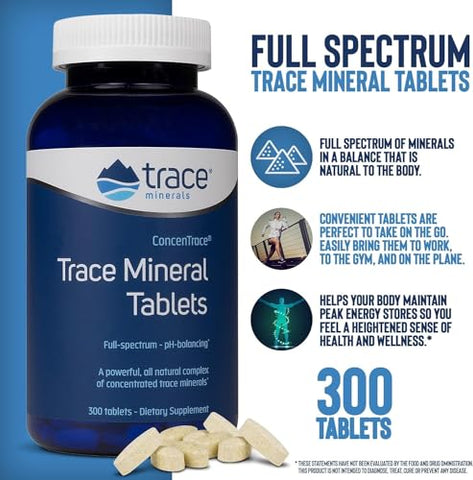 ConcenTrace Tablets | Minerais Iônicos de Espectro Completo | Magnésio, Cloreto, Potássio | Energia de Baixo Sódio, Eletrólitos, Hidratação | 300 Comprimidos - Trace Minerals