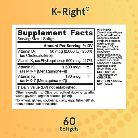 K-Right – Complexo de Vitamina K (K1, MK-4, MK-7, D3) – 60 Porções (Softgels) – Suplemento para os Ossos - Jarrow Formulas