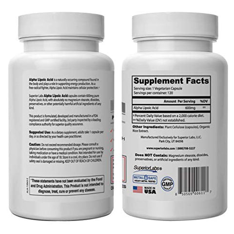 Alpha Lipoic Acid 600mg – Suprimento de 4 Meses – 120 Porções – Sem Aditivos Sintéticos – Suporta o Envelhecimento Saudável, Saúde Nervosa, Formigamento nos Pés e Mãos - Superior Labs