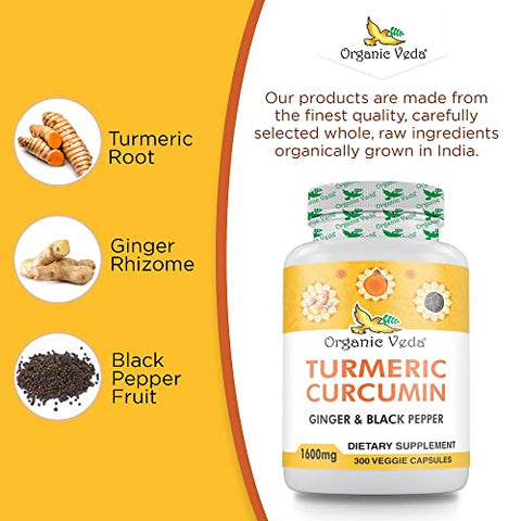 Cápsulas de Cúrcuma e Gengibre Organic Veda 300 Pills – Cúrcuma Orgânica com Pimenta Preta para Suporte Articular – Não Transgênico, Sem Glúten, Suplemento de Cúrcuma e Gengibre (95%%…)