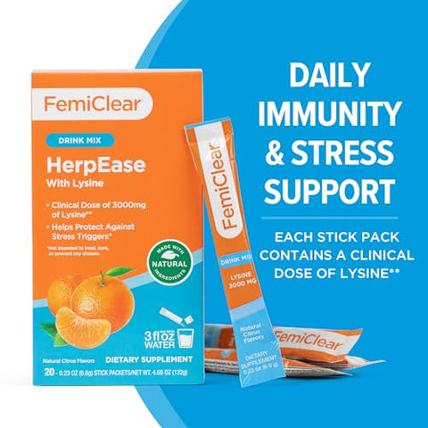 HerpEase com L-Lisina 3000mg Suplemento em Pó com Zinco 11mg Vitaminas A e C 900mg Sensoril Ashwaganda 250mg Extrato de Stevia 60mg - FemiClear