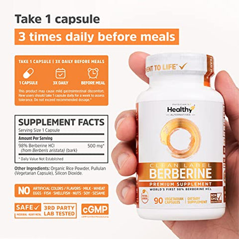 Physician's Healthy Alternatives - Clean Label Berberine | Ultra Puro 98%% Berberine HCl, Potência Máxima nos EUA | 90 Plantcaps® Patenteadas de Suplemento de Berberina | Cápsulas de Berberina 500mg | Berberina Diária 1500mg