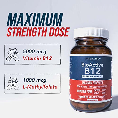 Triquetra Health - BioActive Vitamina B12 – 5000 mcg, Contém 3 Formas Bioativas de B12 Mais Cofator de Metilfolato – Metil B12, Adenosil B12