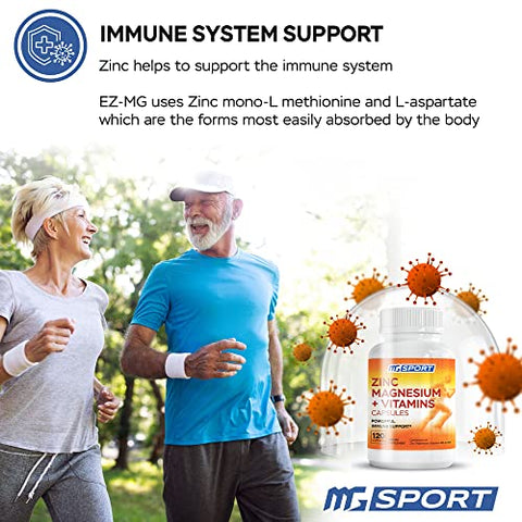 Suplemento de Magnésio e Zinco com Vitaminas B6 e B9, Alta Absorção para Suporte Imunológico, Recuperação Muscular, EZ-MG Fácil no Estômago, 120 Cápsulas - MgSport