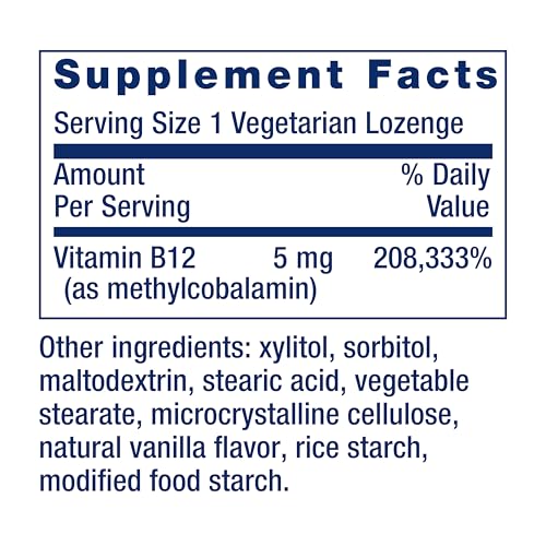 Vitamina B12 Methylcobalamin Life Extension, Suplemento para Saúde Nervosa, Suporte Cognitivo, Energético, 5 mg, Dissolução Rápida, Sem Glúten, Não-OGM