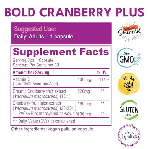 Bold Botanica - Bold Cranberry Plus – 36 mg PAC 100% Solúvel do Extrato de Suco – Suporte ao Trato Urinário UTI – Comprimidos de Cranberry para Mulheres