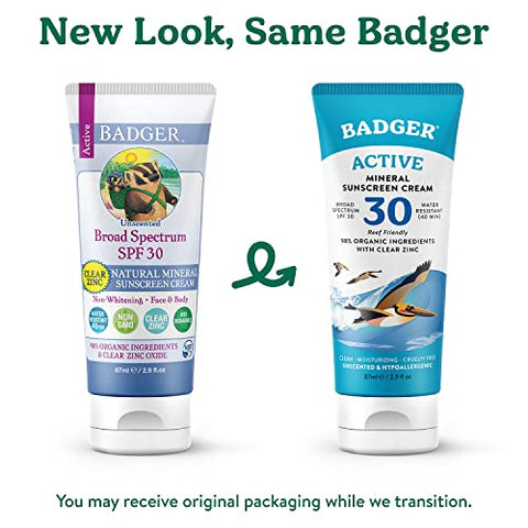 Protetor Solar Mineral Badger SPF 30, Natural com Óxido de Zinco, Ingredientes Orgânicos 98%%, Seguro para os Recifes, Amplo Espectro, Resistente à Água, Sem Fragrância, 85 ml (2 Unidades)