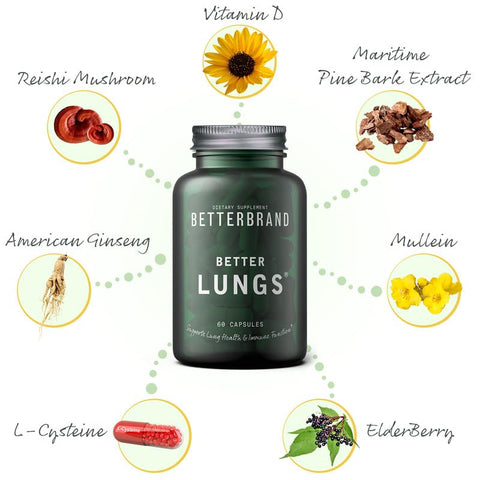 Suplemento diário para saúde respiratória Betterbrand BetterLungs | com Folha de Verbascum, Sabugueiro, Vitamina D, Ginseng e Cogumelo Reishi | Saúde Pulmonar, Alergia, Sinusite e Muco | 60 cápsulas de 500 mg