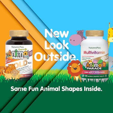 Natures Plus - NaturesPlus Animal Parade Gold – Multivitamínico Infantil Sabor Cereja e Laranja – 60 comprimidos – Marca NaturesPlus