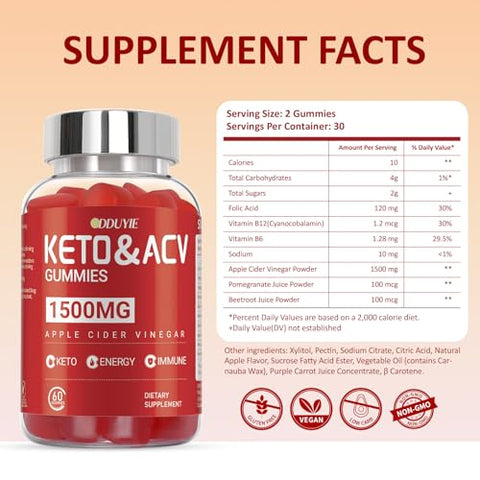 DDUYIE - (2 Pacotes) Gomas de Vinagre de Maçã | Gomas de ACV Keto para Energia com Vitamina B6 | Marca Apple Cider Vinegar Gummies