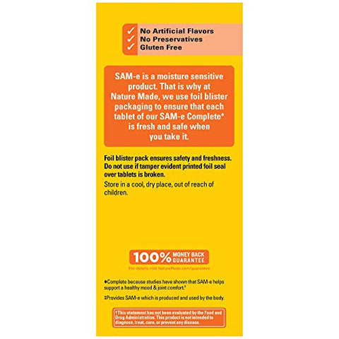 SAM-e Complete 400 mg – Suporte para o Humor, 36 Comprimidos, 36 Dias – Comprimidos para Melhorar o Humor - Nature Made