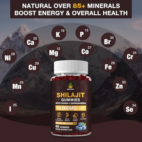 AAKSUS - Gummies de Shilajit com 10.000 MG e 85 Minerais Traços – Energia, Cérebro, Imunidade – Testado por Terceiros – Vegano