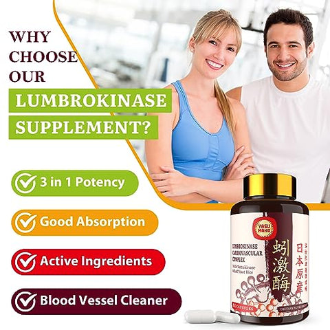 Yasumako - Lumbrokinase 100mg (Atividade Máxima 1.000.000 LKU), Nattokinase 100mg-2.000 FU de Atividade e Arroz de Levedura Vermelha 300mg, Potente Suplemento de Enzimas Lumbrokinase para