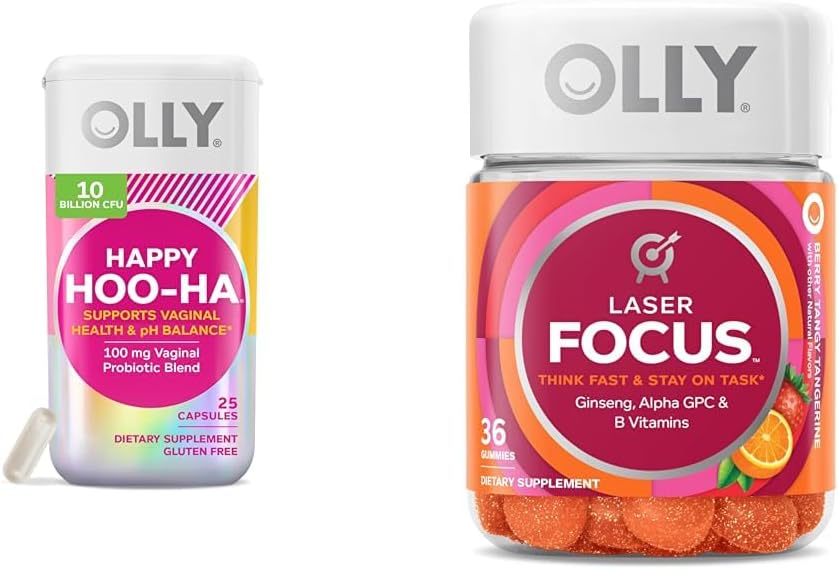 Probiótico para a Saúde Vaginal das Mulheres Cápsulas e Gomas de Foco com Ginseng e Vitaminas – Pacote com 25 e 36 Unidades - OLLY