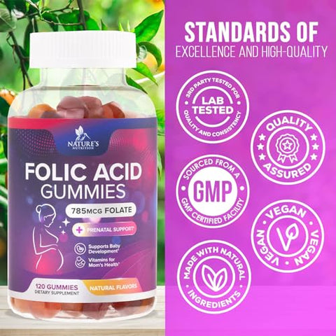 Nature's Nutrition - Gomas de Ácido Fólico para Mulheres 785 mcg, Vitaminas Essenciais Pré-Natais para Mamãe | Marca: Folic Acid Gummies