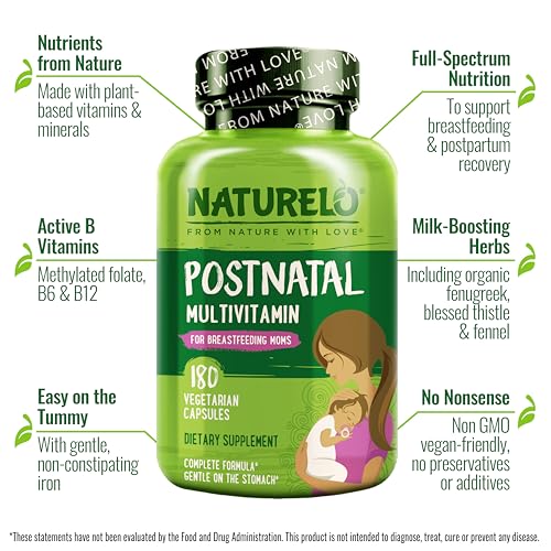 Postnatal Multivitamínico – Vitamina D à base de plantas, Ácido Fólico, Ferro Suave – Suporte pós-natal para lactação – Mãe que amamenta, Bebê – 180 cápsulas - NATURELO