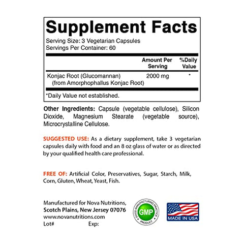 2 Pack Cápsulas de Raiz de Konjac Glucomanano 2000 mg/Porção Veggie Caps 180 Contagem (Total 360 Cápsulas) - Nova Nutritions