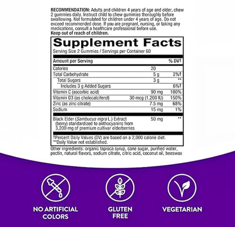 Generic - Natures Way Sambucus Elderberry Gummies com Vitamina C, Vitamina D e Zinco, Suporte Imunológico para Crianças e Adultos, 120 Gummies