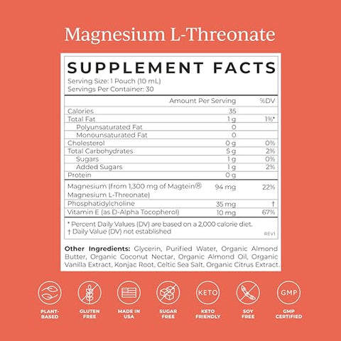 Magnesium L-Threonate 1300mg – Entrega Lipossomal, Suporte para Foco, Memória e Cérebro, Suplemento de Magnésio para Sono, Alta Absorção, Keto, Vegano, Sem Glúten, Sabor Baunilha - CYMBIOTIKA