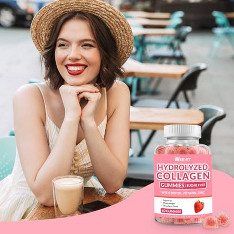 WEEVIT - Gomas de Colágeno Sem Açúcar para Mulheres, 2000mg Tipo I,II,III,V,X de Proteína com 5000mcg de Biotina Vitamina C D B12, Gomas de Peptídeos de Colágeno Hidrolisado para Imunidade Digestão Pele Cabelo