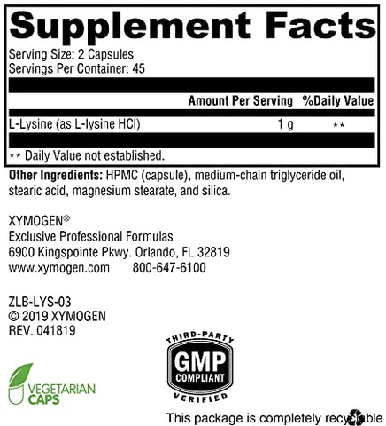 L-Lysine 1000mg Cápsulas – Suplemento de Aminoácidos para Apoiar a Síntese de Colágeno, Equilibra a Alta Ingestão de Arginina (90 Cápsulas) - XYMOGEN