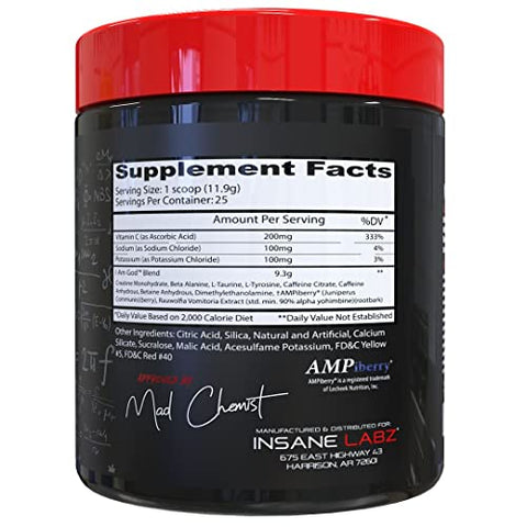 I am God Pré-Treino, Pó Pré-Treino de Alta Estimulação Carregado com Creatina e DMAE Bitartarato Impulsionado por AMPiberry, Energia Foco Resistência Crescimento Muscular, 25 Porções, Original - Insane Labz