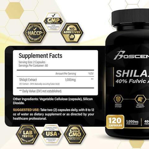 BOSCENT - Cápsulas de Shilajit Puro do Himalaia 1000mg com 40%% de Ácido Fúlvico, 58 Minerais Traços, Energia Aumentada e Suporte Imunológico para Homens