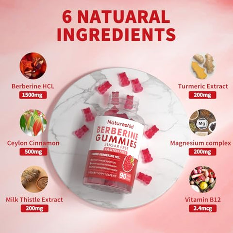 Natures Aid - Berberine Gummies com Canela do Ceilão 1500mg Alta Potência Suplemento de Berberina HCL para Suporte Imunológico e Metabolismo, Gummies de Berberina Orgânicos Sem Açúcar Sabor Framboesa