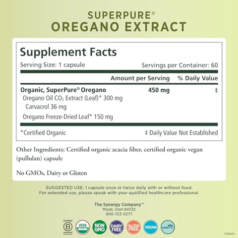 SuperPure Extrato de Orégano | Cápsulas de Extrato de Óleo de Orégano | Suplemento Orgânico de Óleo e Extrato de Folha de Orégano | para Saúde Imunológica, Digestiva e Respiratória (60 cápsulas) - PURE SYNERGY