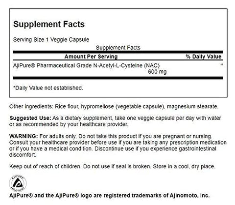 Aminoácido Ajipure N-Acetil-L-Cisteína Grau Farmacêutico 600mg 60 Cápsulas Vegetais - Swanson
