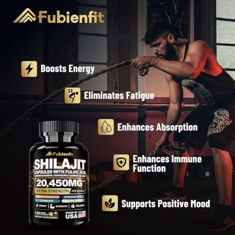 Shilajit Pure Himalayan Organic – 20450MG Cápsulas de Shilajit – Premium para Homens – com Ashwagandha Ginseng e Mais Ácido Fúlvico para Homens/Mulheres – 120 Cápsulas - Regio