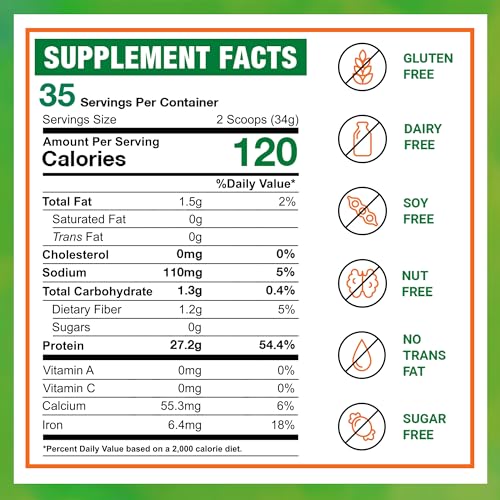 Proteína de Ervilha Orgânica em Pó, 27g de Proteínas por Porção, Vegana 100% à Base de Plantas, Ervilha Canadense em Pó, Sem Glúten, Não-OGM, Sem Aditivos, Fácil Digestão, 2.62lbs, Sabor Natural - Zammex
