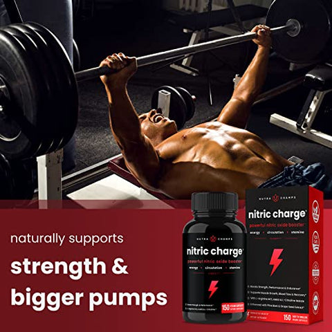 NutraChamps - Suplemento Óxido Nítrico | L-Arginina, L Citrulina Malato, AAKG, Casca de Pinheiro, Extrato de Semente de Uva | Potencializador de Óxido Nítrico de Alta Potência | Cápsulas de Óxido Nítrico para Homens