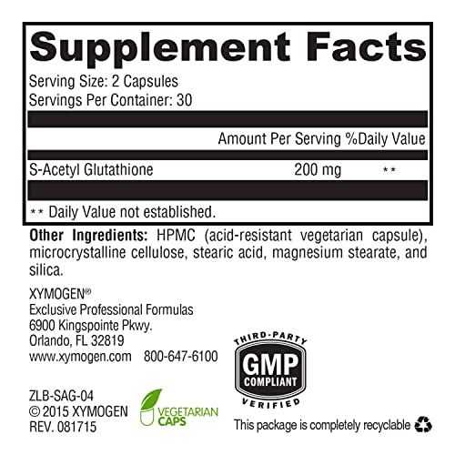 S Acetyl Glutathione – Cápsulas Resistentes ao Ácido Estomacal para uma Absorção Superior – Suporte para Envelhecimento Saudável, Células e Sistema Imunológico Antioxidante - XYMOGEN