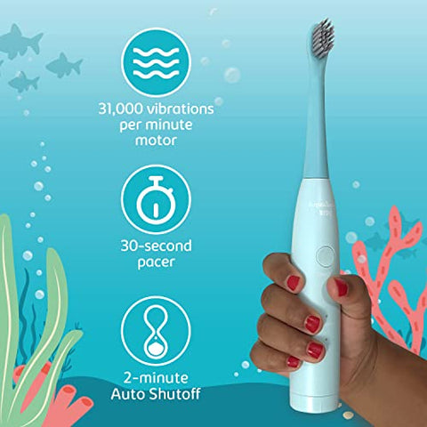 Escova de Dentes Elétrica Aquasonic Kids Sonic para Crianças de 3 Anos | 2 Cabeças de Escova, Brinquedo, Temporizador, Copo de Enxágue | 2 Modos de Escovação: Limpeza