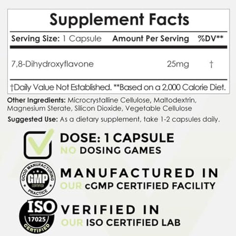 Cápsulas de 7,8-Dihidroxiflavona | 25mg | 120 Unidades | 7,8 DHF | Impulsionador Cerebral | Suporta Função Cognitiva e Saúde Cerebral - Nootropics Depot