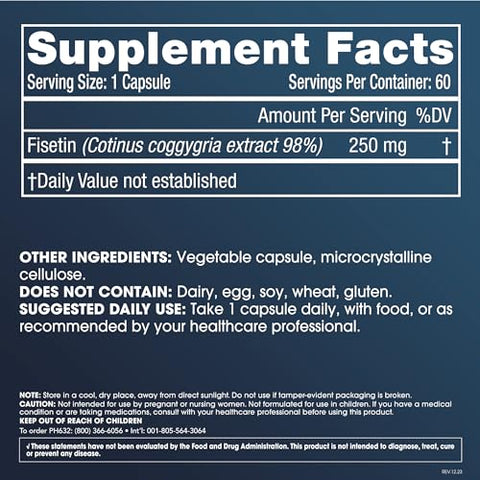 Pure Fisetin – Cápsulas de 250 mg (60 unidades) – Suplemento Natural de Fisetina Pura para Uso Intermitente em Alta Dose. Testado por Terceiros para Potência e Segurança. GMP - ProHealth