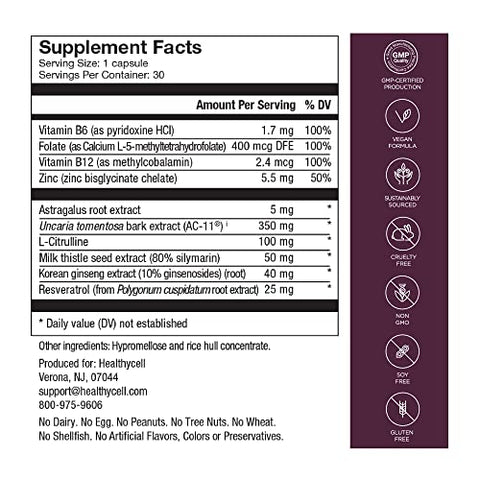 Telomere Length | Suplemento para Alongamento de Telômeros e Reparo de DNA, Anti Envelhecimento, Saúde Celular, Suporte a Células-Tronco | Ingrediente Clinicamente Comprovado AC11® | Cápsulas de 578 mg - Healthycell