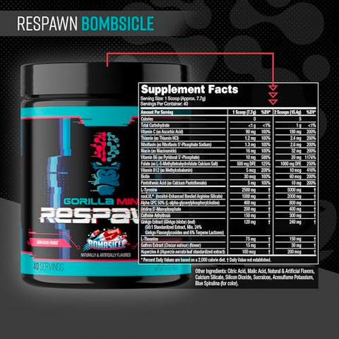 Respawn (Bombsicle) – Suplemento Avançado para Jogos com Foco Amplificado, Tempo de Reação Aprimorado e Energia Limpa (40 Porções) - Gorilla Mind