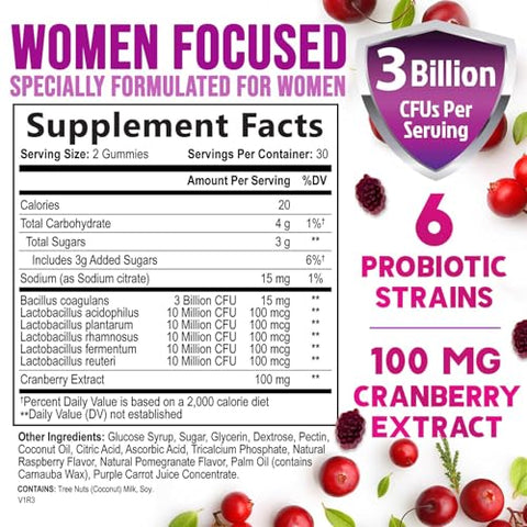 Nature's Nutrition - Probiótico em Goma para Mulheres – Suporte à Saúde Digestiva, 3 Bilhões de UFC Probiótico Feminino para pH Vaginal, Urinário